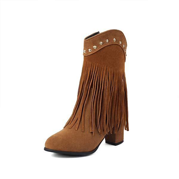 Women's High-Heeled Suede Studded Fringe Boots 89948733C