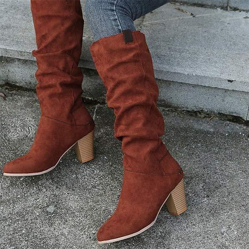 Women's Pointed-Toe Chunky Heel Suede High Knee Boots 63081739C