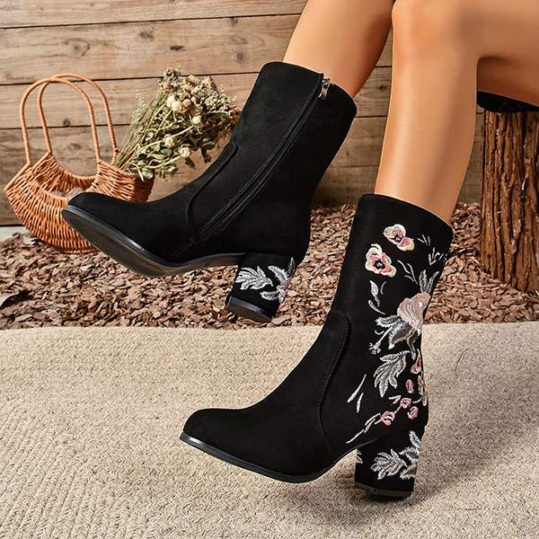 Women's Embroidered Mid-Calf Chunky Heel Martin Boots 54190232C