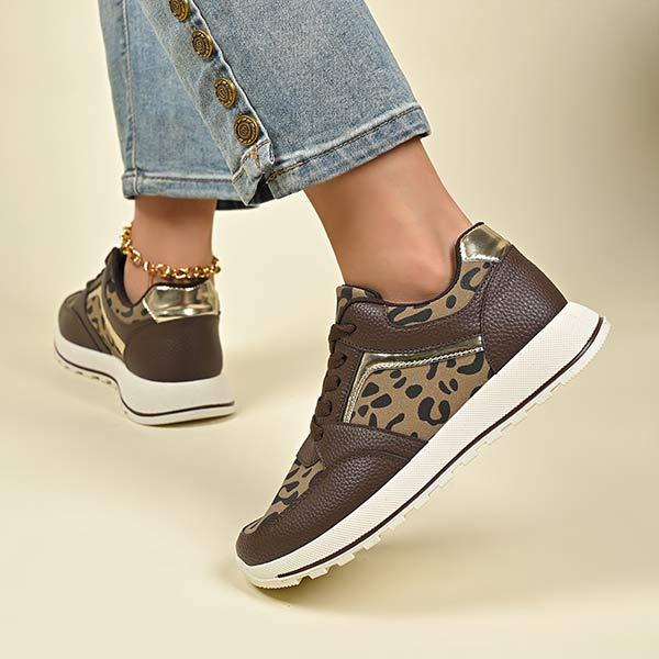 Women's Flat Leopard Print Lace-Up Casual Sneakers 22195217C