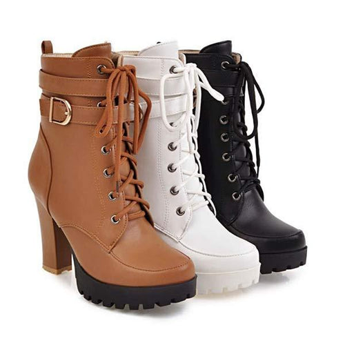 Women's Front Lace-Up Side-Zip Chunky High Heel Ankle Boots 38534323C