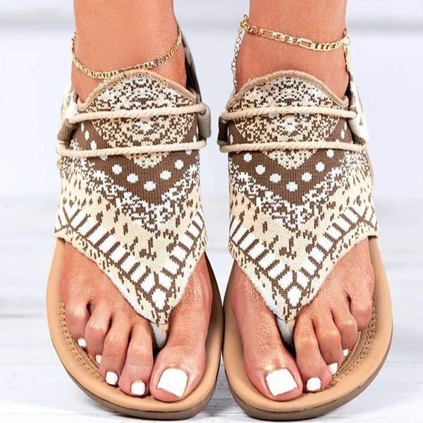 Women's Toe-Loop Floral Print Flat Casual Sandals with Back Zipper 94921066C