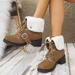 Women's Casual Plush Lace-Up Block Heel Snow Boots 94761948S