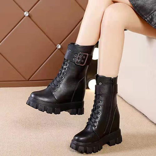 Women's Short Motorcycle Boots with Belt Buckle and Thick Sole 29953492C