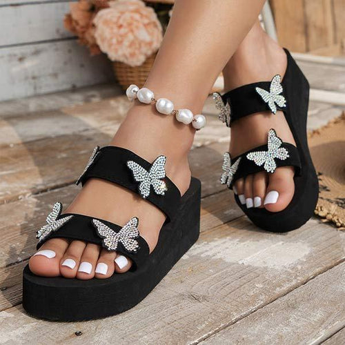 Women's Rhinestone Butterfly Wedge Sandals with Thick Soles 60814890C