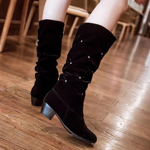 Women's Retro Casual Pleated Rhinestone Mid-Calf Boots 20240921S