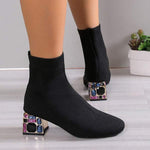 Women's Rhinestone Thick Heel Fly Knit Low Elastic Boots 71330028C