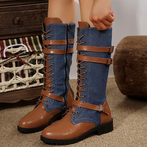 Women's PU Patchwork Denim Lace-Up Knee-High Boots 79900021C