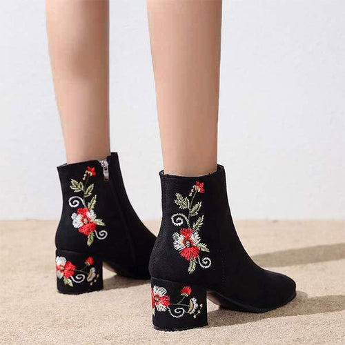 Women's Vintage Chunky Heel High Heel Embroidered Ankle Boots 21365798C