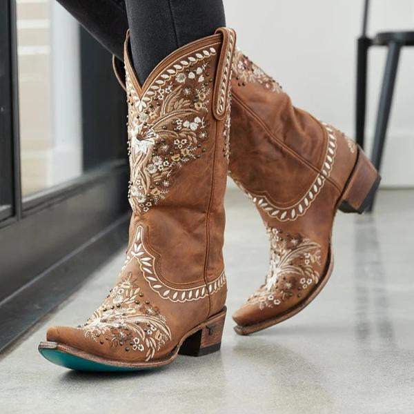 Women's Embroidered Rivets Retro Chunky Heel Boots 41598425C