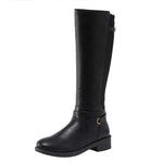 Women's Long Shaft Chunky Heeled Side-Zip Buckle Strap Riding Boots 92872554C