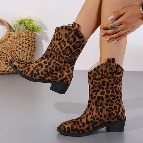 Women's Chunky Heel Mid-Calf Boots with Leopard Print and Slip-On Martin Boot Style 80503150C