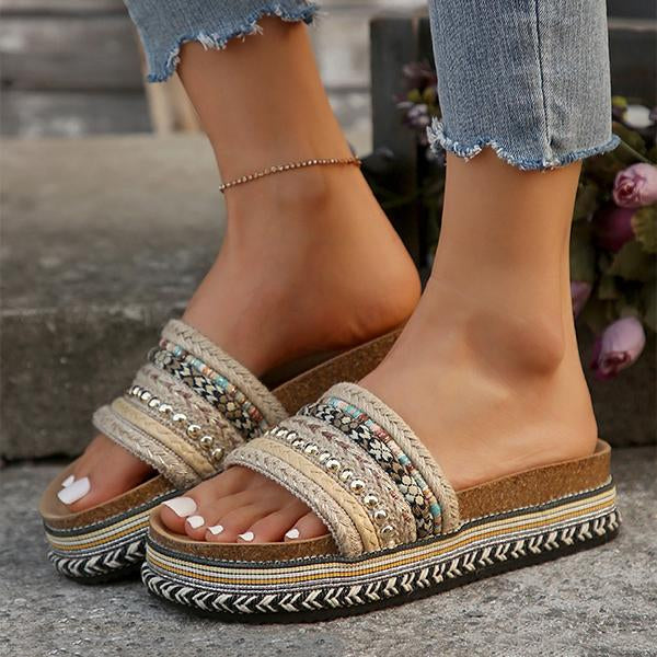 Women's Linen Studded Color Thread Thick Soled Slippers 32174206S