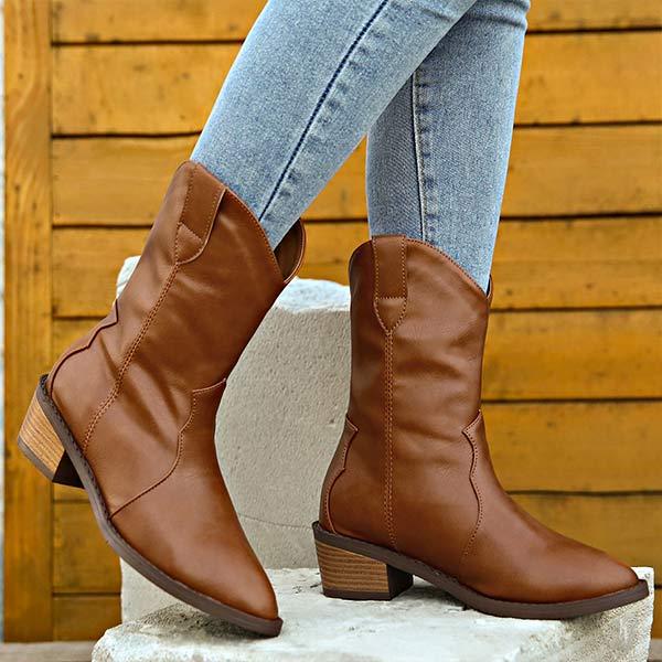 Women's Pointed Toe Chunky Heel Western Cowboy Boots 21154563C