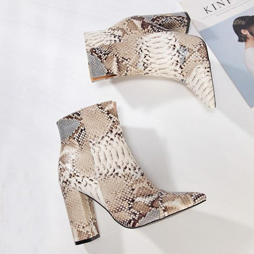 Women's Fashionable Snakeskin Pattern Block Heel Short Boots 99516799S