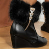 Women's Casual Fur Collar Rhinestone Wedge Booties 85896355S