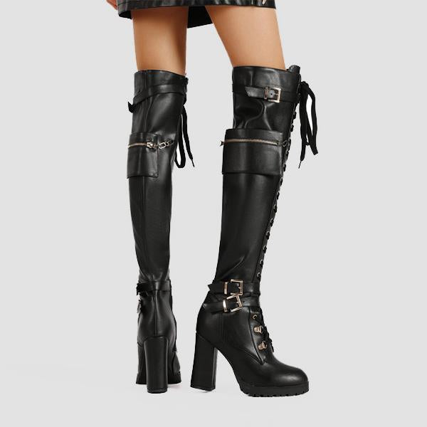 Women's Fashion Buckle Lace-Up Over-The-Knee Boots 72627014S