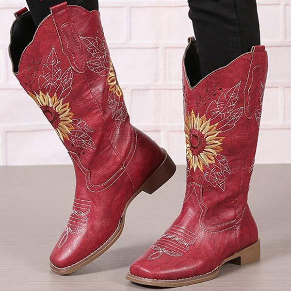 Women's Vintage Embroidered Chunky Heel Long Boots 54607670C