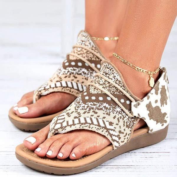 Women's Toe-Loop Floral Print Flat Casual Sandals with Back Zipper 94921066C
