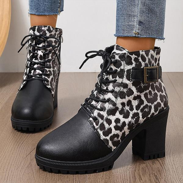 Women's Fashion Leopard Print Belt Buckle Ankle Boots 27595648S