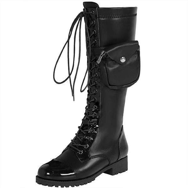 Women's Fashion Lace-Up Knee-High Boots with Side Decorative Bags 32036971S