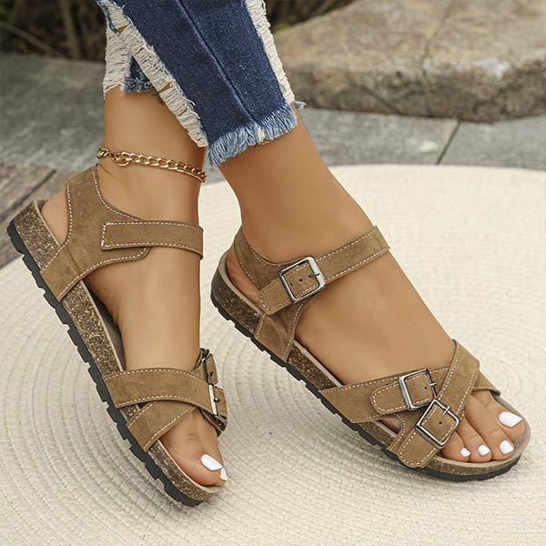 Women's Flat Sandals with Leather Strap, Buckle, and Cross Straps – Casual and Chic 34950535C