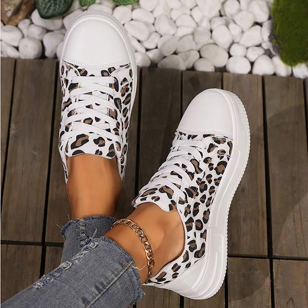 Women's Thick-Soled Lace-Up Leopard Print Sneakers 56315865C