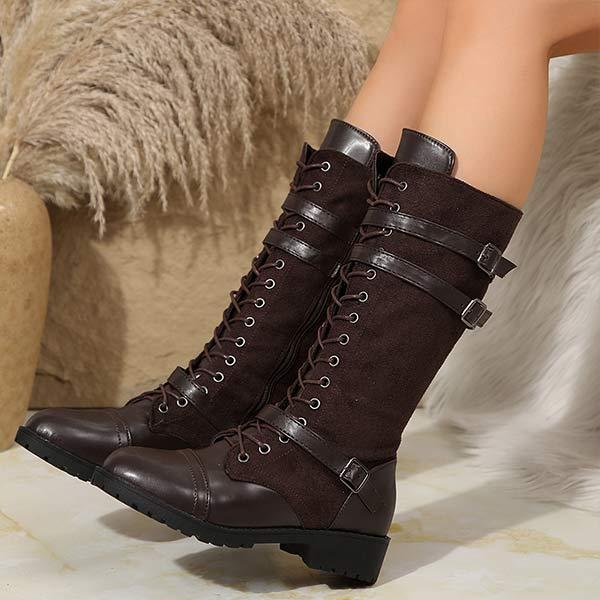 Women's PU Patchwork Denim Lace-Up Knee-High Boots 79900021C