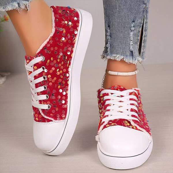 Women's Round-Toe Flat-Soled Lace-Up Sequined Casual Shoes 12179493C