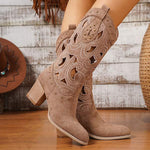 Women's Vintage Embroidered Mid-Calf Chunky Heel Boots 04778684C