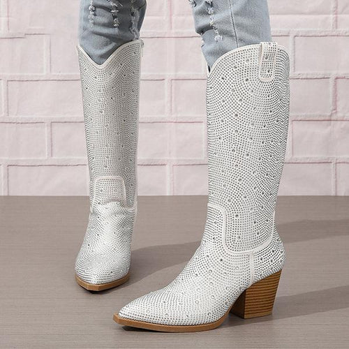 Women's Fashionable Rhinestone Block Heel Knee-High Boots 05189850S