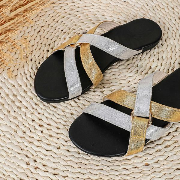 Women's Crossover Wide Strip Gold and Silver Flat Slippers 21776952S