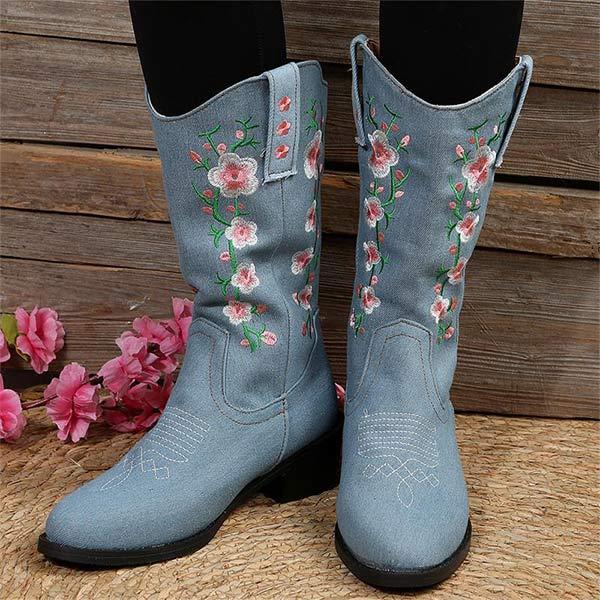 Women's Embroidered Block Heel Mid-Calf Riding Boots 38915246C