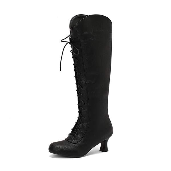 Women's Vintage Mid-Heel Lace-Up Knee-High Boots 23411818C