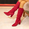 Women's Suede Pleated Chunk Heel Knee-High Boots 87431644S