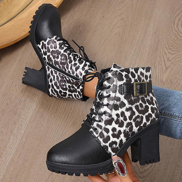 Women's Fashion Leopard Print Belt Buckle Ankle Boots 27595648S