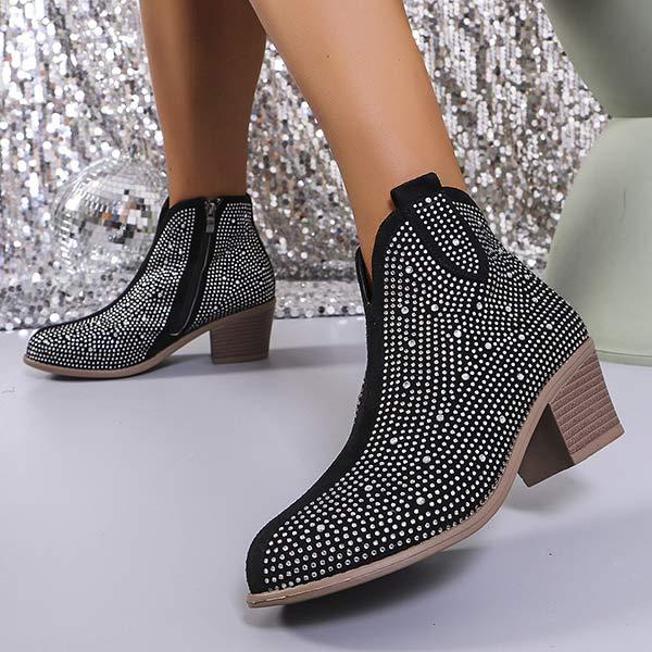 Women's Block Heel Side Zipper Glitter Short Boots 10864207C