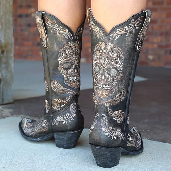 Women's Skull Embroidered Chunky Heel High Shaft Boots 77423871C