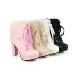 Women's Casual Furry Lace-Up Chunky Heel Short Boots 30607043S