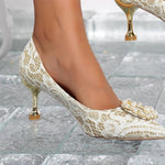 Women's Elegant Pearl Wedding Block Heel Dress Shoes 37762695S