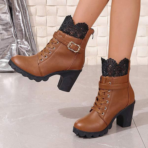 Women's Chunky Heel Waterproof Platform Lace Floral Martin Boots 78799657C