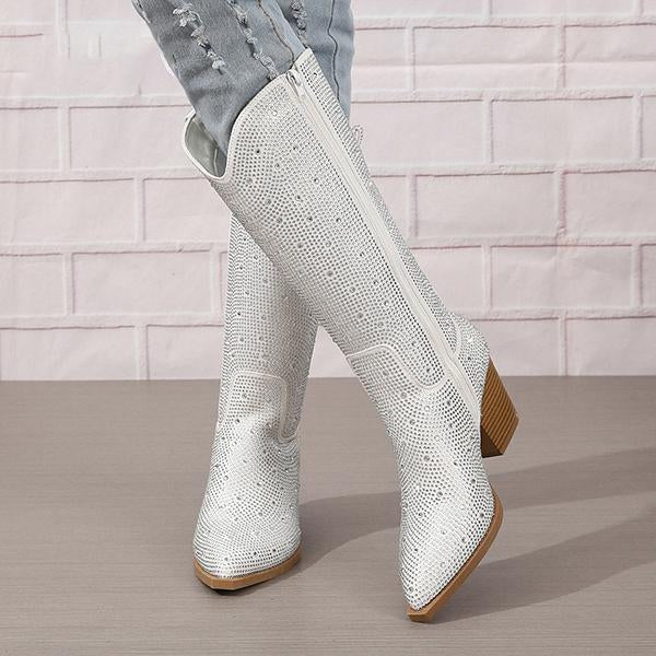 Women's Fashionable Rhinestone Block Heel Knee-High Boots 05189850S
