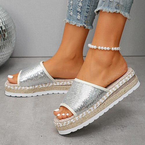 Women's Round Toe Sequined Fashion Thick Soled Slippers 20367082S