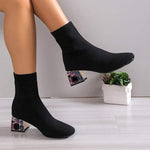 Women's Rhinestone Thick Heel Fly Knit Low Elastic Boots 71330028C