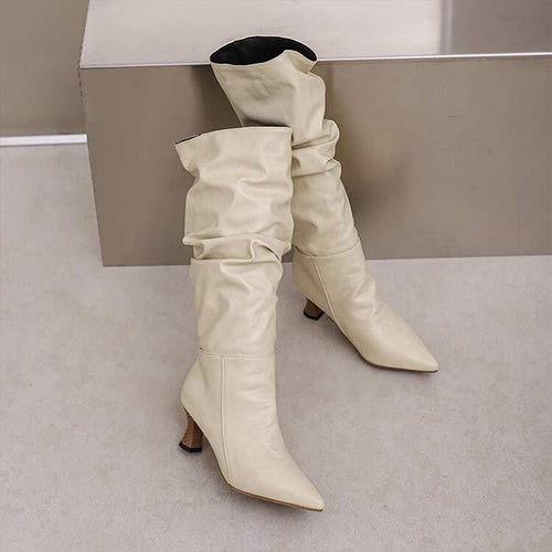 Women's Pointed-Toe Mid-Heel Fashion Boots with Stacked Design 49539503C