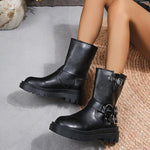 Women's Vintage Buckle Platform Mid-calf Boots 63245946S