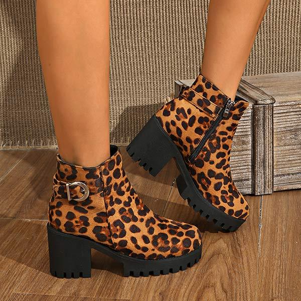 Women's Round Toe Thick Sole High Heel Leopard Print Combat Boots 04891976C