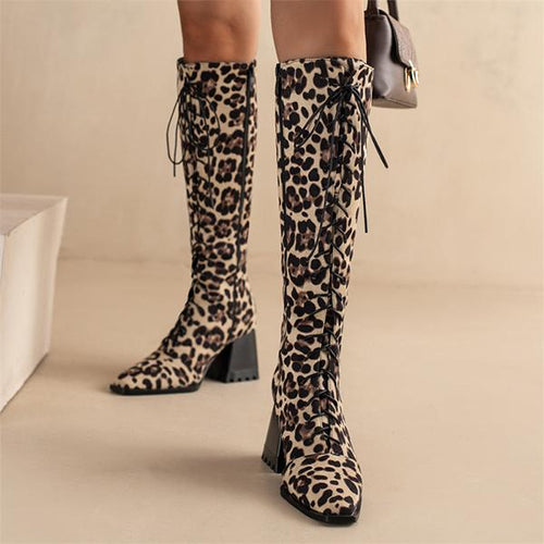 Women's Fashion Leopard Print Chunky Heel High Rider Boots 20249398S