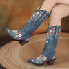 Women's Embroidered Floral Cowboy Boots with Chunky Heel and Pull-on High Shaft 86699639C