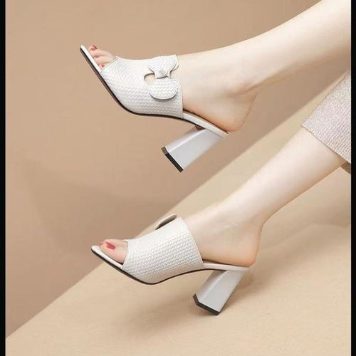 Women's Fashionable Bow Square Heel Slippers 99885936S